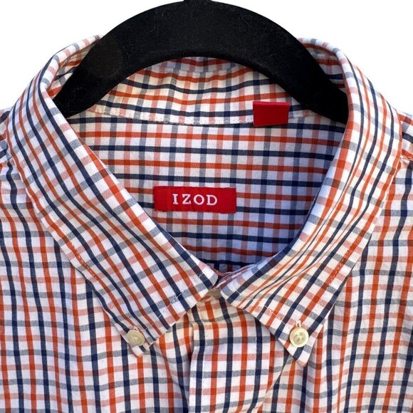 Izod Mens Long Sleeve Button Up Red/Navy/White Plaid Cotton Classic Fit Shirt L - Picture 3 of 10